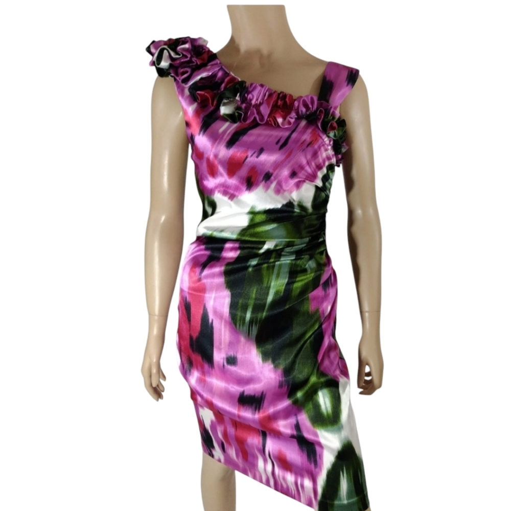 Maggy London floral ruffle on one shoulder midi dress size 4